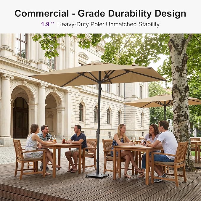 PURPLE LEAF 8' x 5' Rectangular Semi-Auto Outdoor Patio Umbrella Aluminium Market Umbrella Table Sun Umbrella with 1.89" Rod and 6 Sturdy Ribs for Deck Lawn Pool Garden, Beige