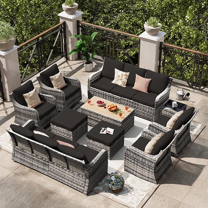 MEISSALIVVE Outdoor Patio Furniture Set with Swivel Chair, 10 Pieces Patio Conversation Set, Patio Sectional Furniture Set with 2 Three-seat Sofa, 2 Fixed Single Chair and Coffee Table (Black)