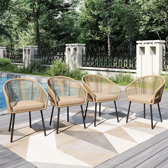 PHI VILLA Wicker Patio Dining Chairs Set of 4 Rope Rattan Chairs | Outdoor Modern Brown Rope Rattan Chairs with Metal Legs & Cushions, Outside Dining Chairs for Deck, Porch, Backyard