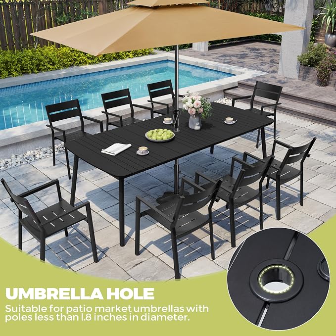 Crestlive Products Outdoor Dining Table for 8-10 People, 95in Patio Rectangle Table, Aluminum Frame with Durable Wood-Like Tabletop and Umbrella Hole Perfect for Patio, Garden, and Lawn