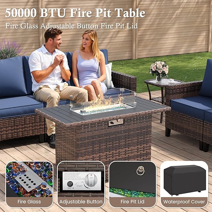Amopatio Patio Furniture Set, 6-Piece Wicker Outdoor Sectional Sofa with Swivel Rocker Chairs, All-Weather Rattan Conversation Set with Fire Pit Table and Waterproof Cover for Backyard Brown/Navy