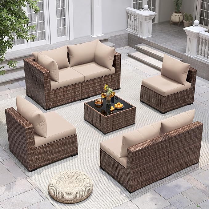 UDPATIO Furniture Set, 7 Piece Sectional Sofas with Wicker Coffee Table, Conversation for Garden, Backyard, Khaki