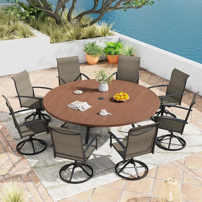 9 Pieces Outdoor Patio Dining Table Set, 63" All Weather Round Metal Table with Umbrella Hole and 8 High Back Textilene Swivel Chairs for Garden, Lawn, Poolside, Walnut Table & Brown Chairs