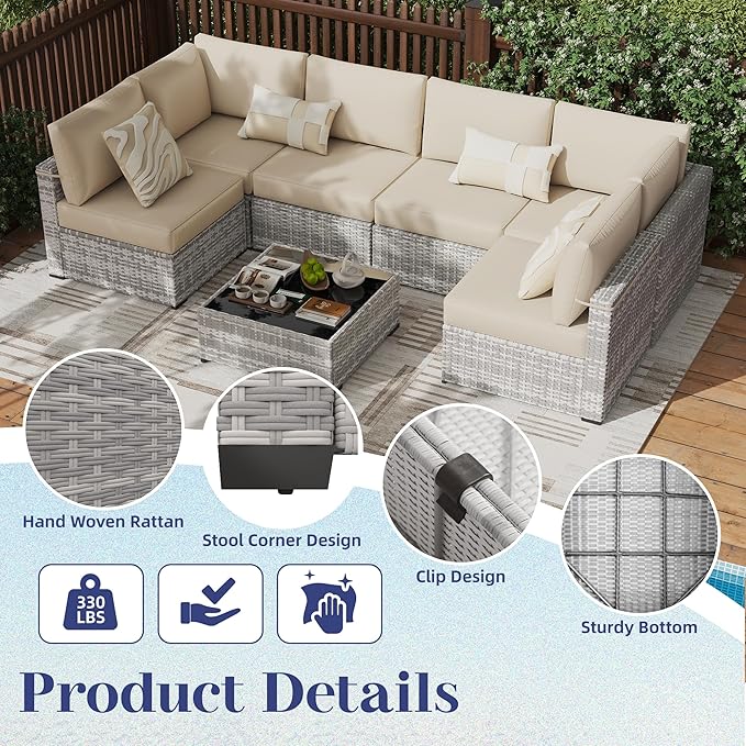 KIGOTY Patio Furniture Set,7 Pieces Modular Outdoor Sectional Sofa, PE Rattan Patio Conversation Set, All Weather Wicker Patio Furniture with Cushions and Coffee Table（Grey White/Grey）