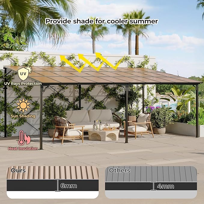 GarveeHome 12' x 20' Lean to Gazebo, Hard Top Outdoor Pergola with Roof, Gazebos Pergola on Clearance, Large Wall Mounted Heavy Duty Awnings for Patio, Backyard, Deck, Porch