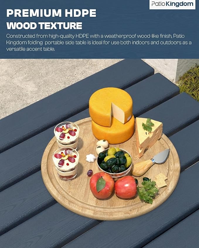 Outdoor Folding Side Table, Lightweight & Space-Saving Design, All-Weather HDPE Material, Realistic Wood-Grain Finish(Navy Blue,1 Table)