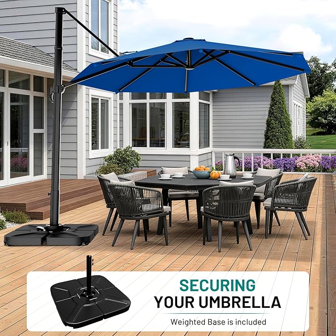 AreShark 11FT Round Cantilever Patio Umbrella with Base Included, 360° Rotation Offset Outdoor Umbrella, 5 Tilt Settings Heavy Duty Hanging Parasol for Deck Garden Pool, Royal Blue