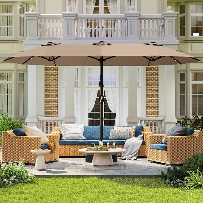Large Patio Umbrella with Solar Lights and Base, Double-Sided Outdoor Rectangle Umbrella with 48 LED Lights, Market Table Umbrellas with UV Resistant Canopy