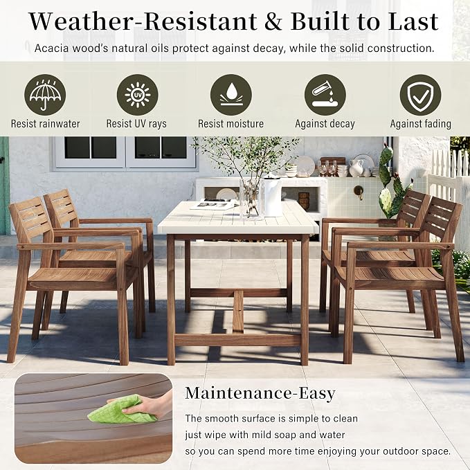 5 Piece Outdoor Dining Set for 4, 59.06" Rectangular Table with Umbrella Hole and 4 Chairs, Acacia Wood Dining Set for Patio, Lawn, Garden, Poolside & Indoor Use, Light Brown+Light Grey