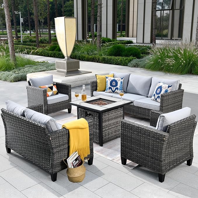 ovios 5 Pieces Patio Furniture Set, Outdoor Wicker Rattan Sofa Couch with 30" Fire Pit Table, Loveseat Chairs, Conversation Sets for Yard Porch Garden, Grey