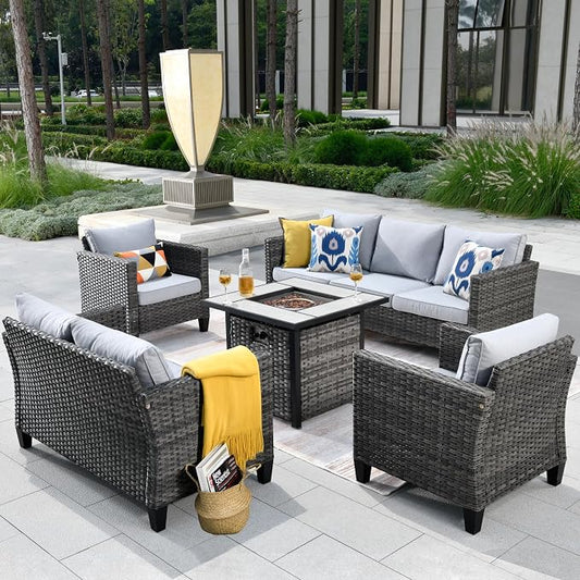 ovios 5 Pieces Patio Furniture Set, Outdoor Wicker Rattan Sofa Couch with 30" Fire Pit Table, Loveseat Chairs, Conversation Sets for Yard Porch Garden, Grey
