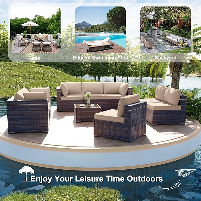 ALAULM 9 Pieces Patio Furniture Set Wicker Patio Conversation Set with 4 Corner Sofas, Outdoor Sectional Furniture w/Coffee Table & Washable Seat Cushions-Sand