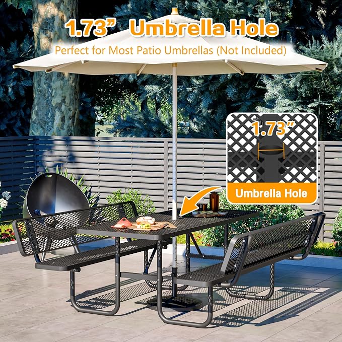 72'' Heavy Duty Outdoor Picnic Table with Backrest - Commercial Grade Rectangular Steel Picnic Table Set, Umbrella Hole, Rust-Resistant Metal Mesh Tabletop for Patio, Garden, Park, BBQ - Black