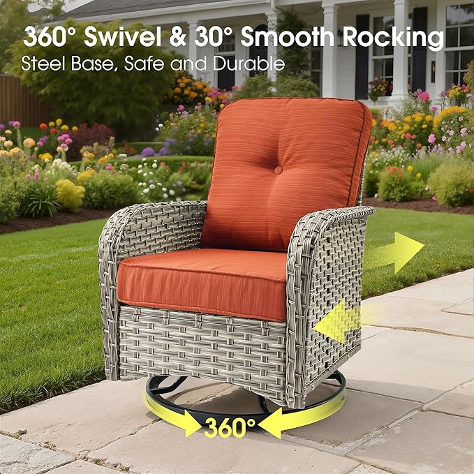 Rattan Patio Furniture Set with Swivel Chairs,6 Pieces Outdoor Sectional with Glowing Coffee Table,Out Door Furniture Conversation Set,Orange Red