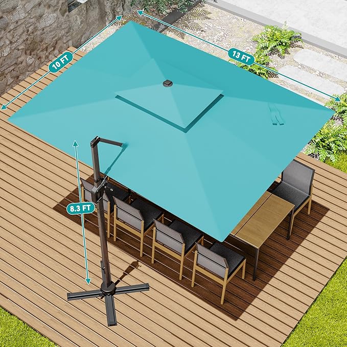 10x13 FT Cantilever Patio Umbrella with Led Lights Double Top Outdoor Rectangular Large Heavy Duty Aluminum Offset Umbrellas with 7 Level Tilt 360-degree Rotation for Pool Garden Deck, Turquoise