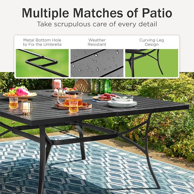 PHI VILLA Outdoor Dining Set for 8 w/Square Table & Aluminum Chairs, Grey | Stackbale chairs, Breathable & quick-drying sling, Light-weight & space-saving, Metal Table, Umbrella Hole, Patio deck