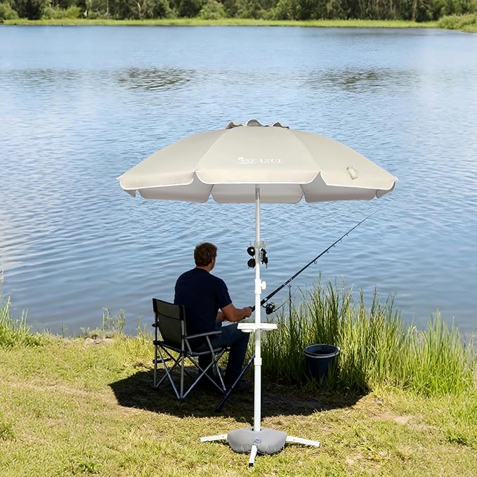 Seazul 6.5ft Sun Shade Umbrella, Portable Umbrella with Stand for Sports, Water Weight Bag, Adjustable and Lightweight, Sun Protection, Khaki