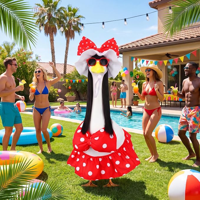 Abbylike Summer Bikini Porch Goose Outfit Red Polka Dot Bikini Goose Costume Clothes with Wig Sun Hat Sunglasses Fits Large 23'' H Cement Statue for Outdoor Yard Patio Lawn Art Decoration