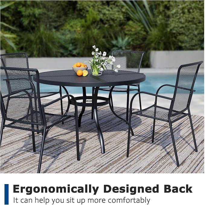 5 Pieces Outdoor Dining Set for 4, Black Metal Mesh Outdoor Dining Table and 4 Black Metal Mesh Stackable Patio Chairs with Armrest, Patio Table and Chairs Set for Lawn Garden Backyard