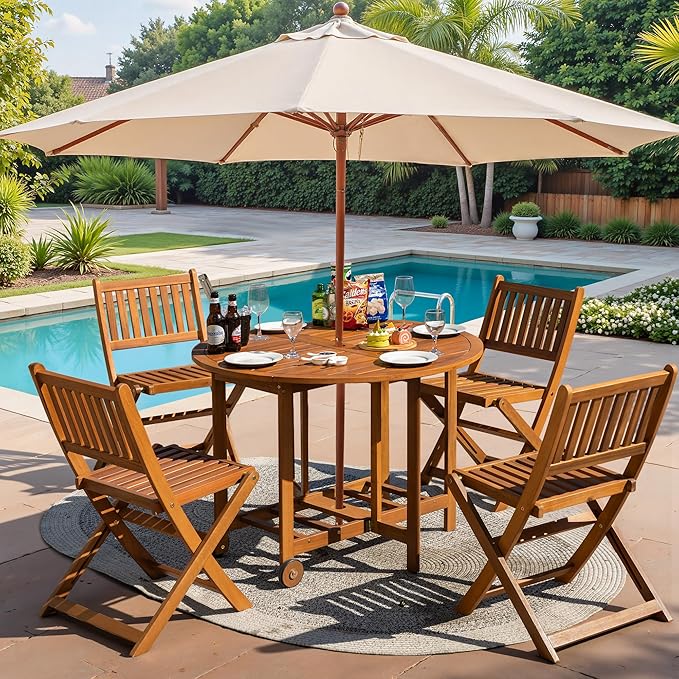 Greesum 5 Piece Patio Dining Set Outdoor Acacia Wood Furniture All-Weather Folding Round Table and Chairs for Backyard, Balcony, Porch, Deck, Garden, Light Brown