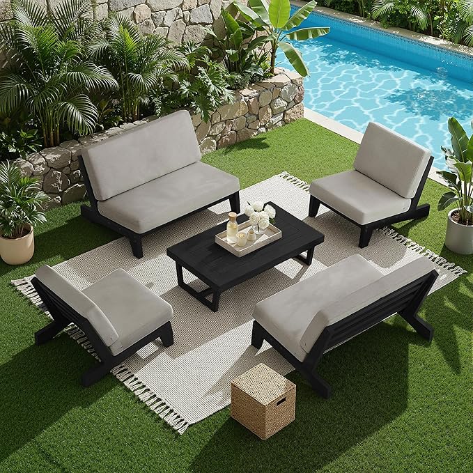 UIXE 7 Pieces Black Wood Patio Furniture Sets, 2 Patio Loveseat, 4 Patio Bistro Chair, All Weather Outdoor Sectional Sofa Furniture Backyard Conversation Set with Coffee Table - Light Camel