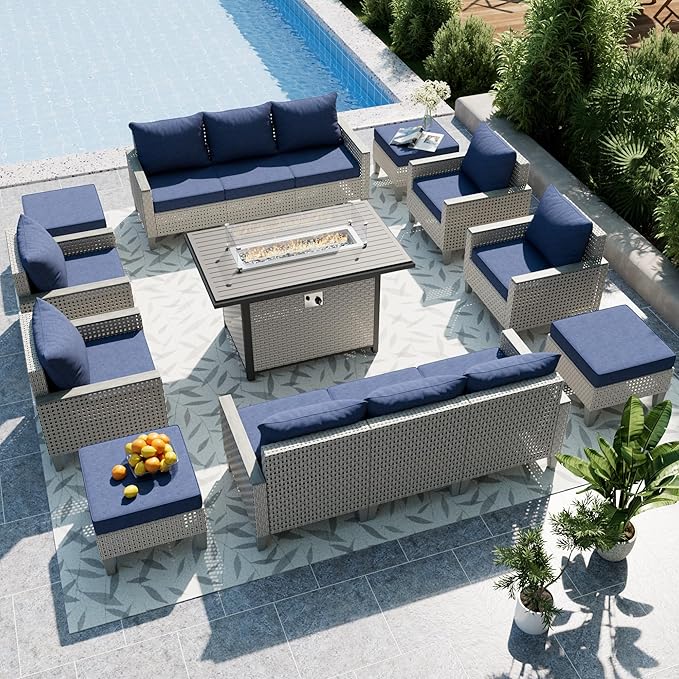 Outdoor Patio Furniture Set with Fire Pit Table 15-Piece Modular Wicker Sectional Sofa with Ottomans and Thick Cushions, Modern Rattan Outdoor Conversation Couch, Navy