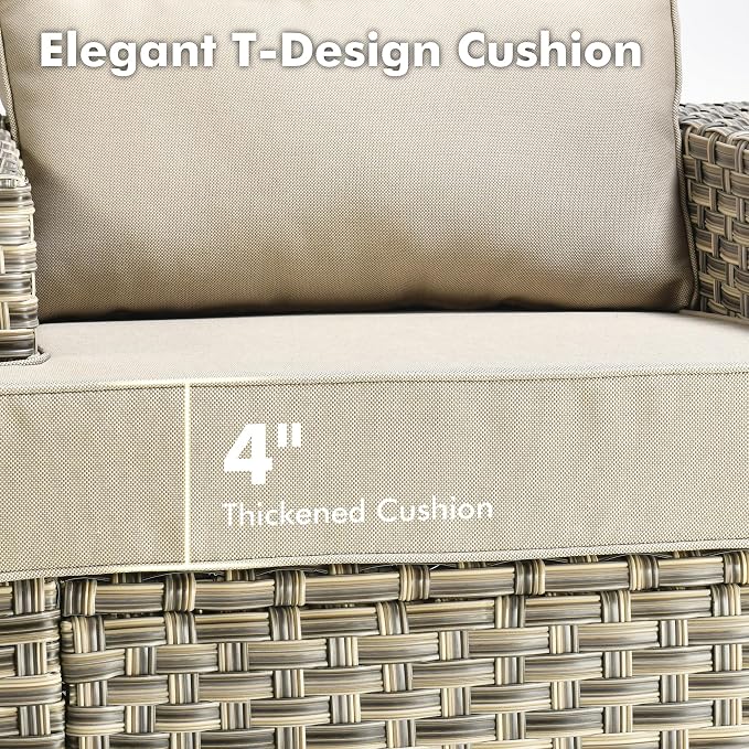 5-Piece Wicker Outdoor Sectional Furniture, Wide Armrest L-Shaped Patio Couch Set with Ottoman Thick Cushion, Modular Conversation Sets with Solar Table for Backyard Porch Balcony, Beige
