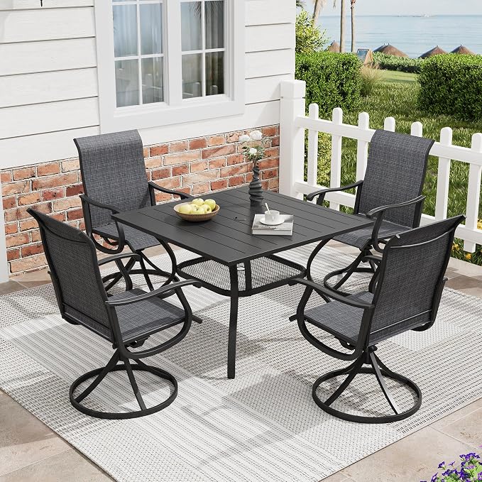 5 Pieces Patio Furniture Dining Set, 4 Textilene Swivel Dining Chairs, 38" Outdoor Square Metal Table with Storage Shelf and 1.57" Umbrella Hole, Outdoor Dining Set for Porch, Lawn, Black/Black