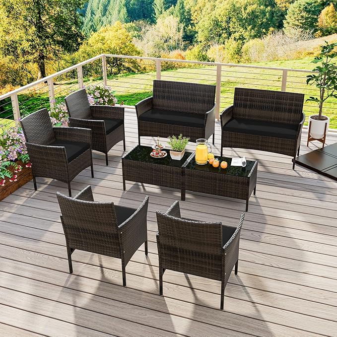 HAPPYGRILL 8 Pieces Outdoor Rattan Conversation Set, Patio Wicker Furniture Set with Loveseat Chairs & Tempered Glass Coffee Table, Outside Sectional Sofa Set for Backyard Garden & Poolside