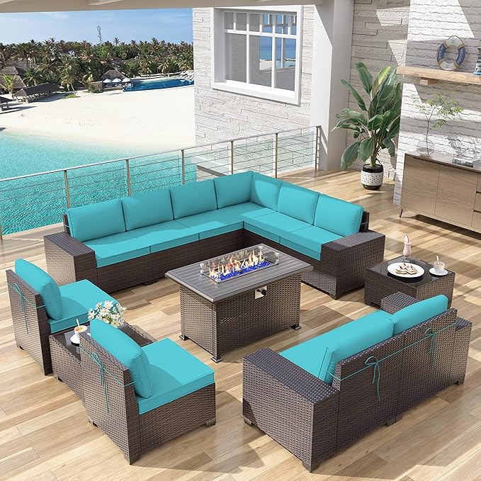 Patio Furniture Sectional Sofa Set 13PCS PE Rattan Patio Conversation Set w/43in Gas Fire Pit Table, Outdoor Furniture with 55000 BTU Propane Fire Pit, Blue