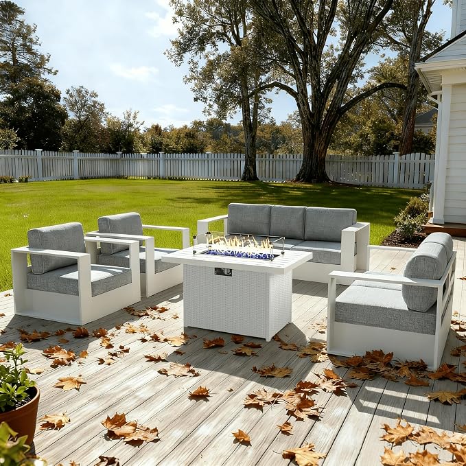 LayinSun Oversized Aluminum Outdoor Furniture Set, 5 Piece Patio Sofa Sets with Fire Pit Table, Deep Seating and Upgraded 6-inch Cushions for Porch, Balcony, Deck