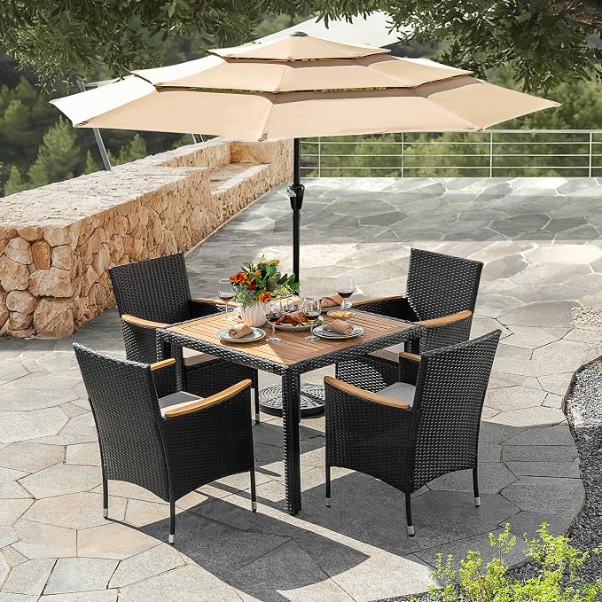NUU GARDEN 5 Piece Patio Dining Set, Acacia Wood Table and Wicker Dining Chairs with Cushions, All Weather Outdoor Furniture for Balcony Garden Poolside, Black