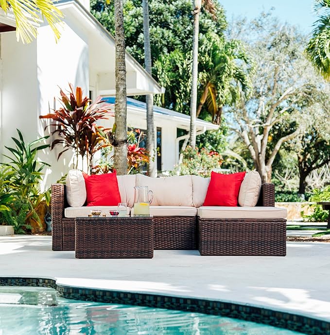 Nestl Outdoor Sectional Patio Furniture Set – 5 Piece Outdoor Patio Furniture Set with Outdoor Couch and Sectional Seating - Brown with Beige Cushions
