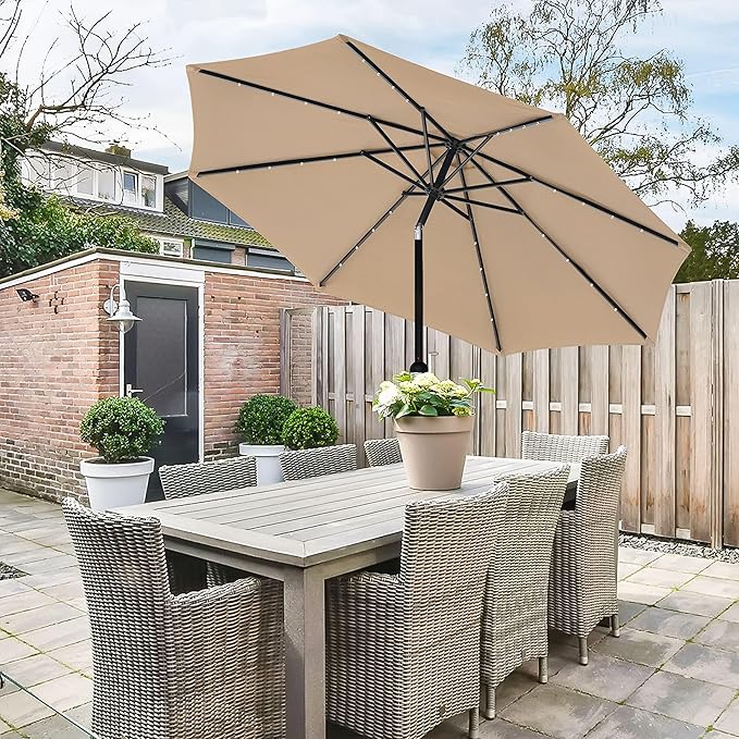 Simple Deluxe 9' Solar Umbrella 32 LED Lighted Patio Umbrella Table Market Umbrella for Garden, Deck, Backyard and Pool