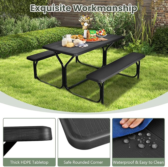 Picnic Table, Camping Portable Picnic Table Bench Set for 4 Persons, Heavy-Duty Steel Frame & Resin Tabletop, All Weather Outdoor Picnic Tables for Patio Travel BBQ Party Garden (Black)