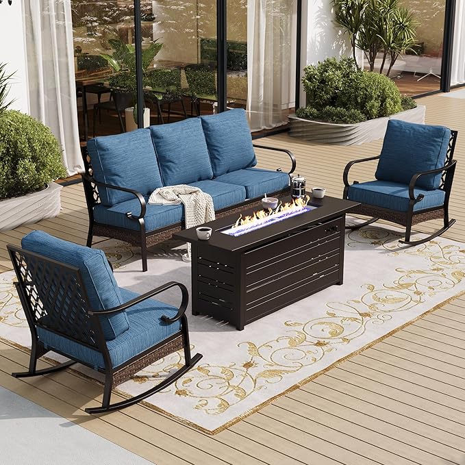 4 Piece Black Metal Outdoor Patio Furniture Sets with Firepit Table, Patio Conversation Sets 1 3-Seater Sofa 2 Rocking Sofa with 5.75" Thick Cushion Backyard Furniture for Deck, Blue-2