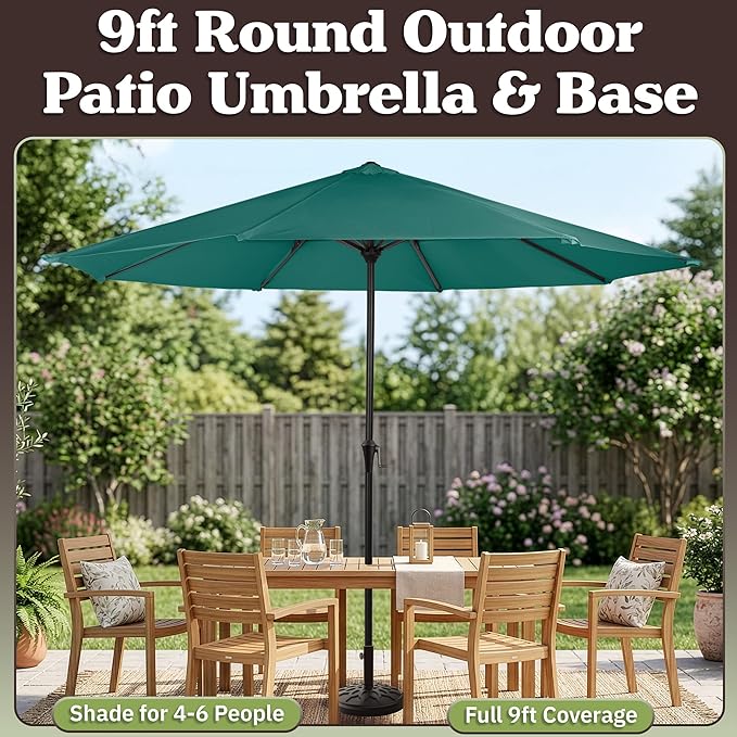 Pure Garden 9FT Round Patio Umbrella with 19lb Weighted Base - Easy Crank, Vented Canopy Outdoor Umbrella for Shade - For Deck, Balcony, Porch, Backyard, or Pool (Dark Green)