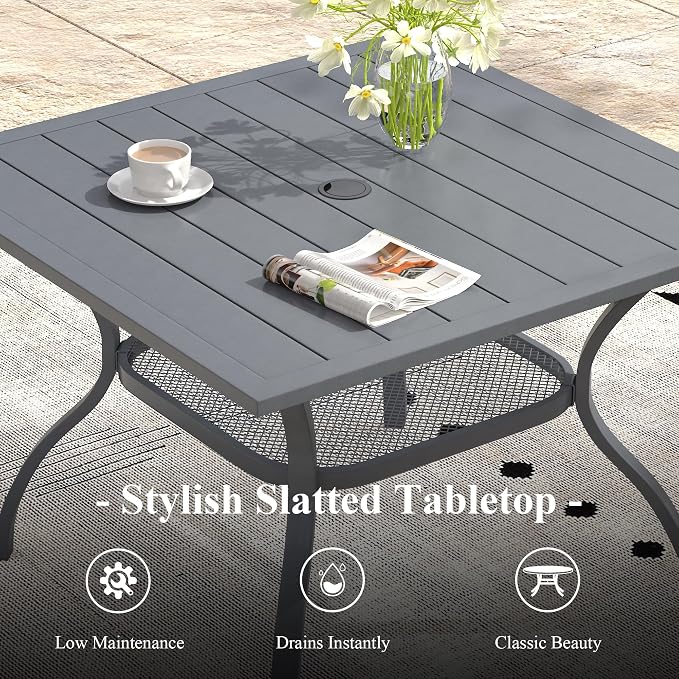 5 Pieces Outdoor Dining Set, Stackable Textilene Paito Chairs & 37.8" Square Dining Table with Umbrella Hole and Shelf, Patio Dining Set for Backyard, Deck, Garden, Grey & Dark Grey