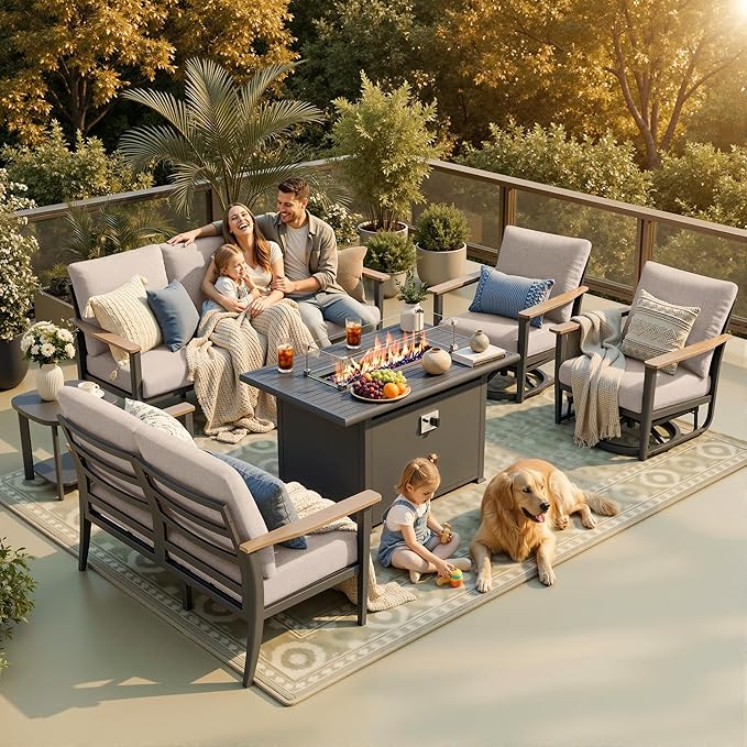 7-Seat Outdoor Patio Furniture Set with Rocking Swivel Chair, Aluminum Sectional Sofa Patio Conversation Set with 55,000 BTU Fire Pit Table & High Backrest & Thickened Cushions, Sand