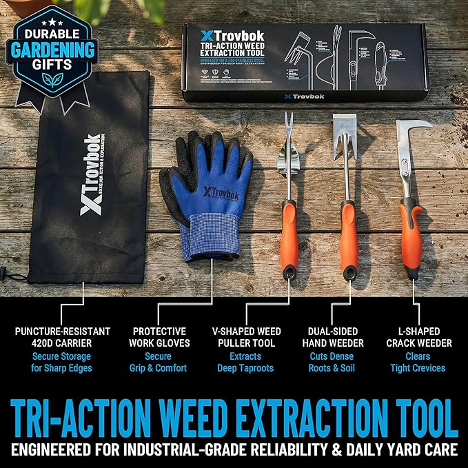 3-Piece Heavy Duty Weed Puller Tool Set with Protective Gloves & 420D Bag - 410 & 420 Stainless Steel Manual Dandelion Root Extractor & Crack Weeder, Gardening Hand Tools