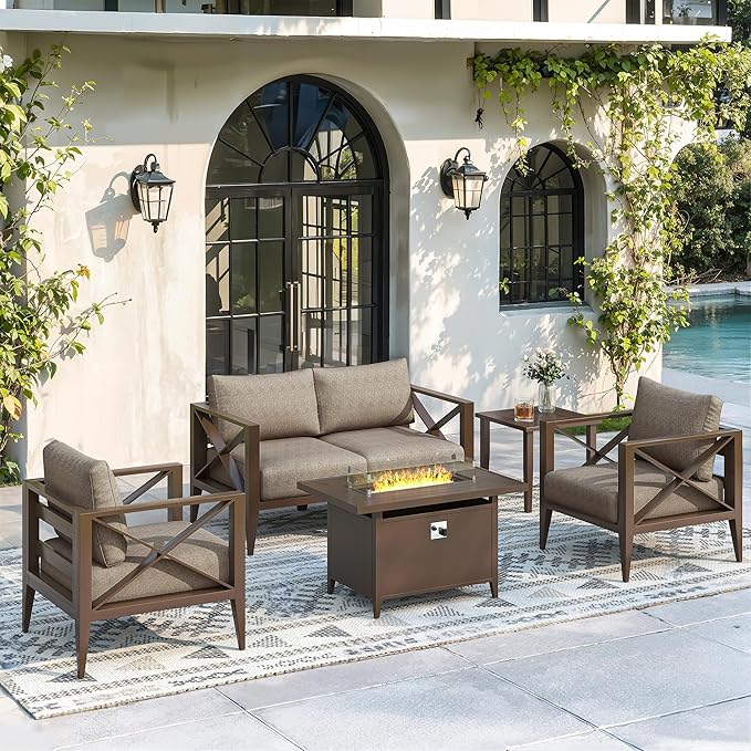 Aluminum 4-Seats Outdoor Patio Furniture Set with 43" Fire Pit Table, Sectional Conversation Sofa with 5.2" Thick Cushions & Coffee Table, Rust-Resistant Frame Seating Sofa for Porch, Backyard, Brown
