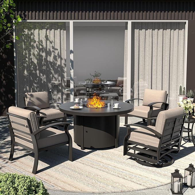 ALAULM Aluminum Patio Furniture Set with 40,000 BTU Round Propane Fire Pit Table 4-seat Metal Outdoor Furniture w/Swivel & Rocking Conversation Set for Patio, Lawn, Poolside（Sand