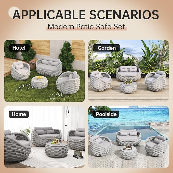 Patio Sofa Set for Outdoor and Indoor Use All-Weather Textilene 4 Pieces Conversation Set, Sectional Sofa and Coffee Table Aluminum Frame Garden Furniture (Gray)