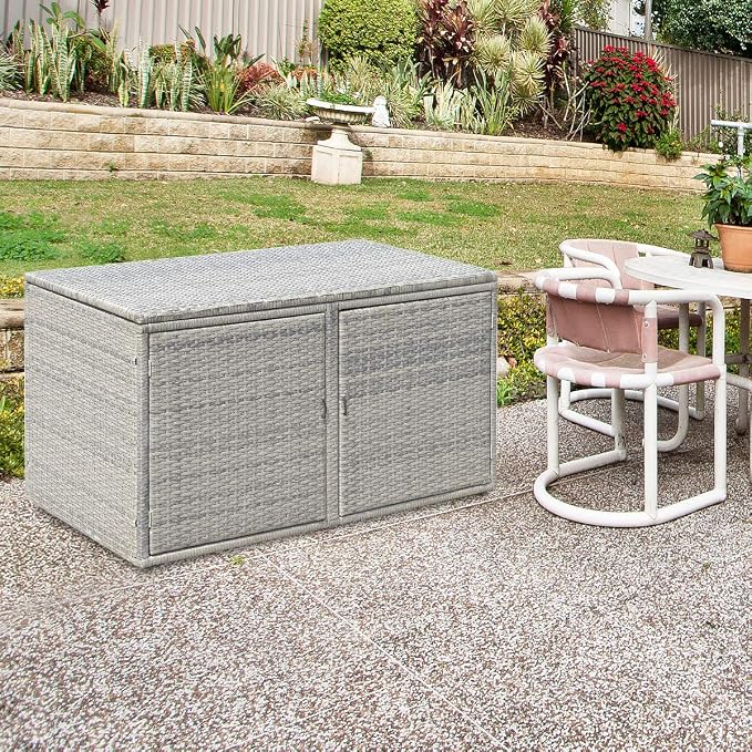 Tangkula Outdoor Wicker Storage Box, Garden Deck Bin with Steel Frame, Rattan Storage Box with Lid, Ideal for Storing Tools, Accessories, 88 Gallon Capacity (Grey)