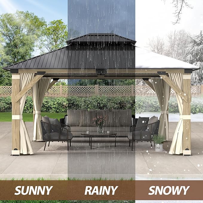 13'x15' Wood Gazebo,Outdoor Hardtop Gazebo with Galvanized Steel Double Roof, Wooden Frame Gazebos with Netting and Curtains for Patio Backyard Deck