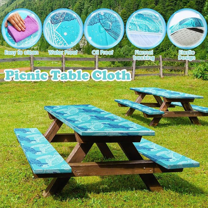 Boao 3 Pcs Vinyl Picnic Table Cover with Bench Cover 6 ft 30 x 72 Inch Waterproof Fitted Tablecloth Flannel Backing Rectangular Elastic Edged for Camping Outdoor Patio Travel(Turtle)