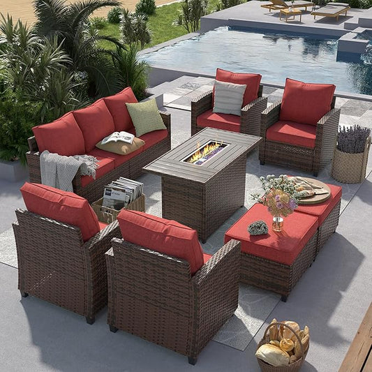 UDPATIO Patio Furniture Set with 44" Fire Pit Table, 8 Pieces Outdoor Sectional Conversation Sets, All-Weather Wicker Rattan Sofa Ottoman with 4" Thick Cushion for Garden Backyard Deck, Wine Red