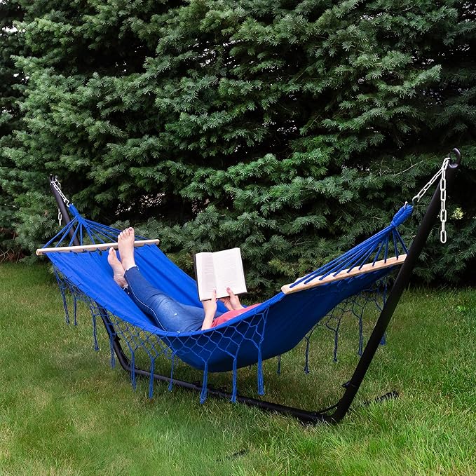Hammock with Netted Fringe and Wooden Bars - 100" x 41" - Blue