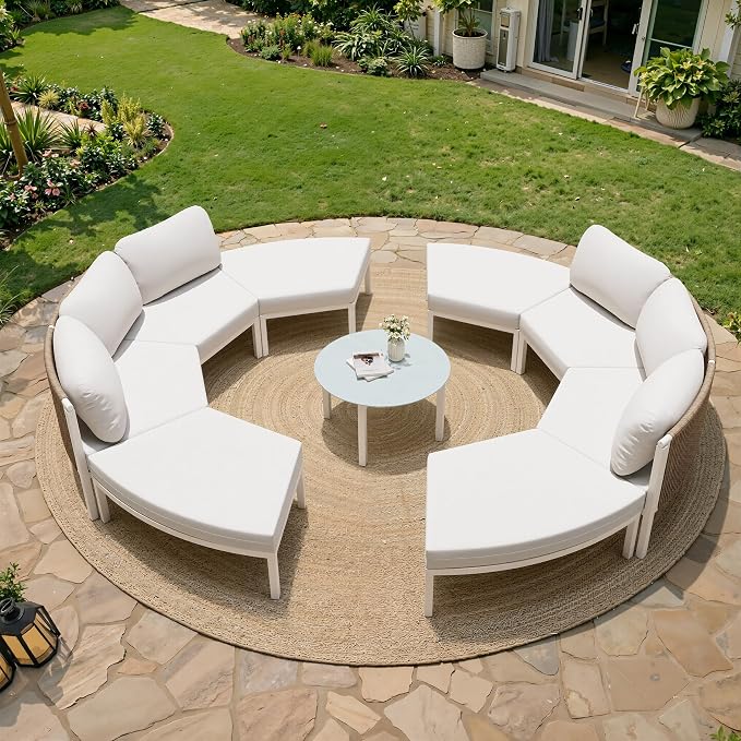 Crestlive Curved Patio Furniture Set, Modular Half Moon 8-Seater Sofa with Round Coffee Table, Aluminum Outdoor Sectional with 4.3" Cushions, All-Weather Couch for Backyard, Deck, Porch, Poolside