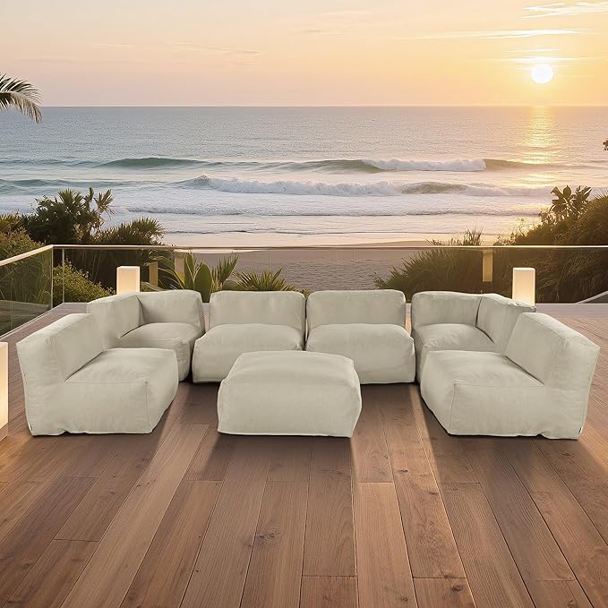 Patio Furniture Set, 7 Pcs Outdoor Conversation Set with Bean Bag Middle Chairs, Corner Chair, Ottomans, Modern Foam Couch Set for Garden, Deck, Balcony (7, Light Beige)